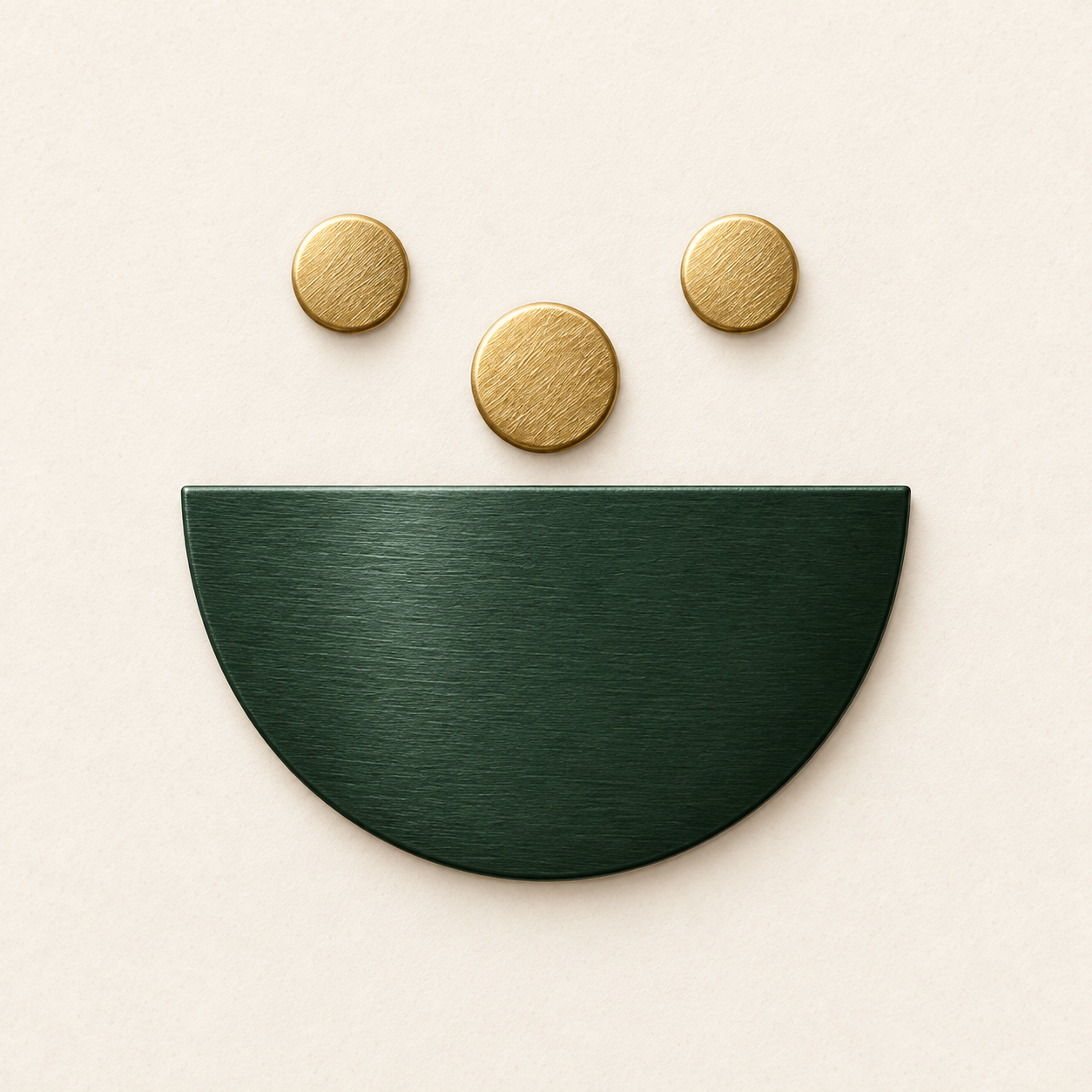 The original Consensus mark: a forest-green enamel bowl and three brushed-gold coins on ivory paper